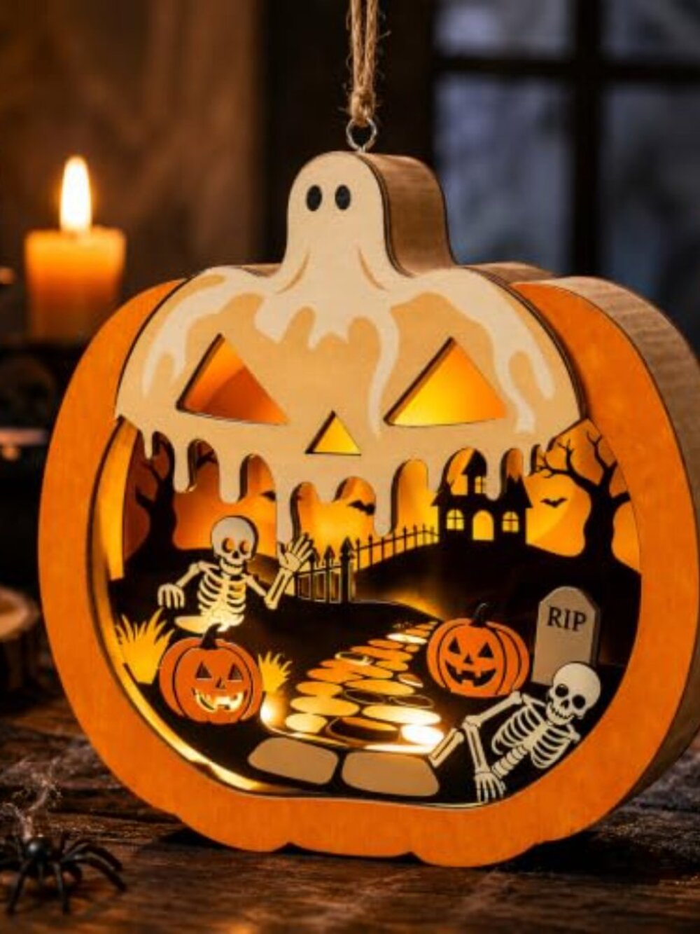 Halloween Ornament 2026, Light Up Wooden Skull, Pumpkin & Skeleton Decor